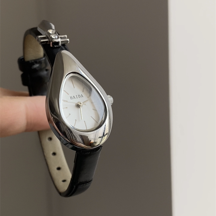 watch344-02.jpg Dainty Black-Gold/Silver Water Drop Shape Leather Watch