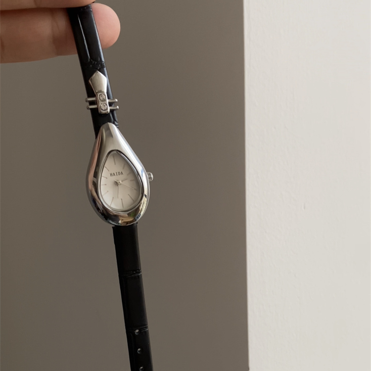 Dainty Black-Gold/Silver Water Drop Shape Leather Watch
