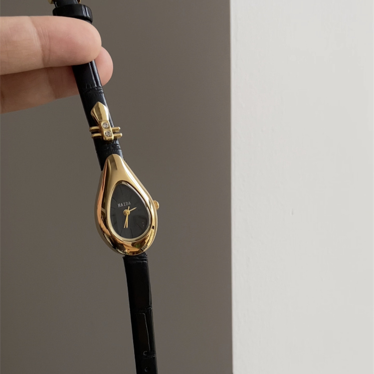 Dainty Black-Gold/Silver Water Drop Shape Leather Watch