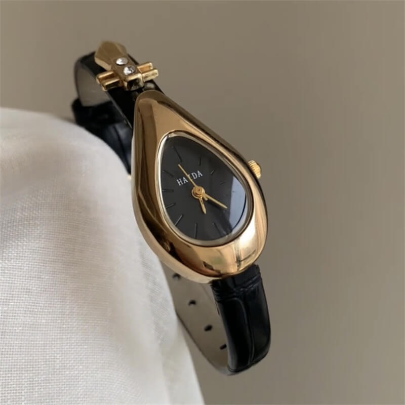 Dainty Black-Gold/Silver Water Drop Shape Leather Watch