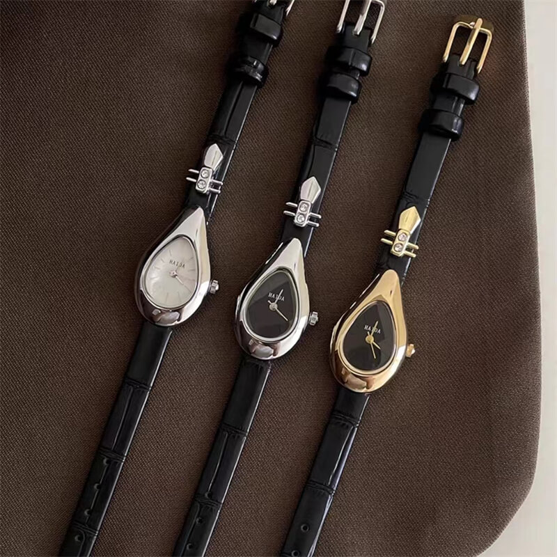 Dainty Black-Gold/Silver Water Drop Shape Leather Watch