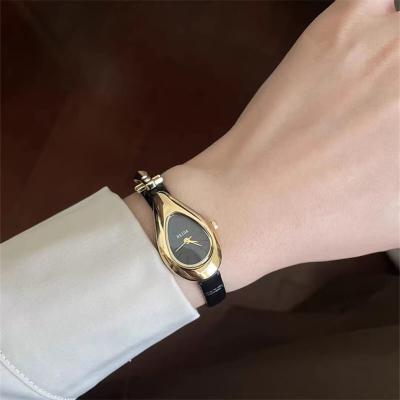 Dainty Black-Gold/Silver Water Drop Shape Leather Watch