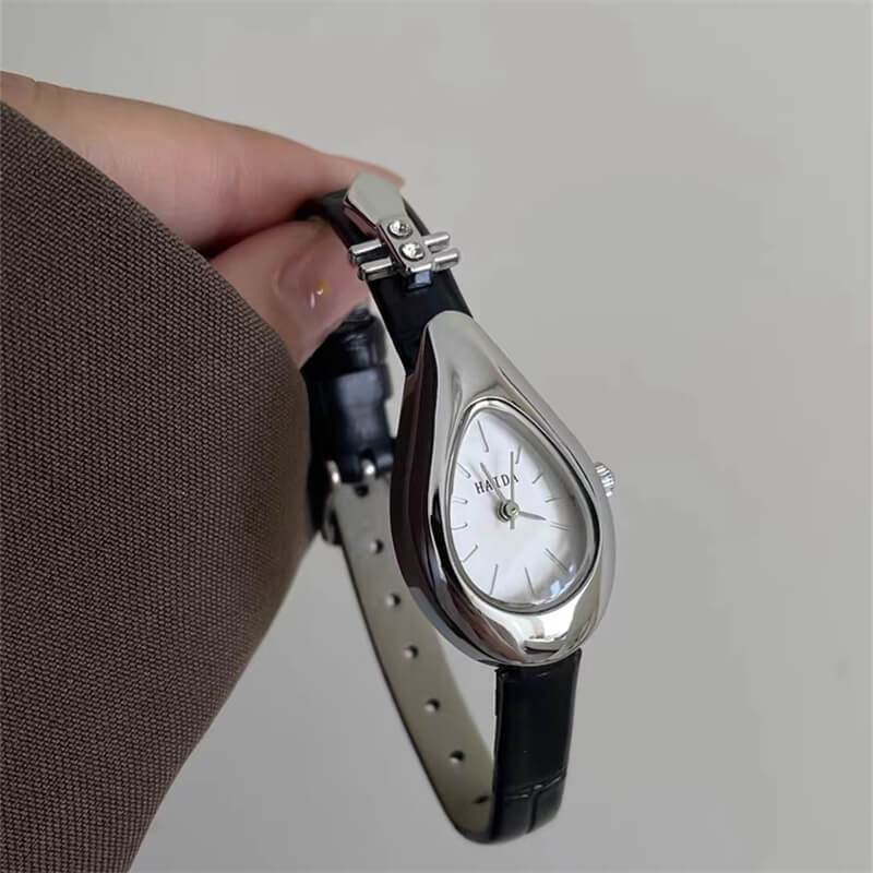 Dainty Black-Gold/Silver Water Drop Shape Leather Watch