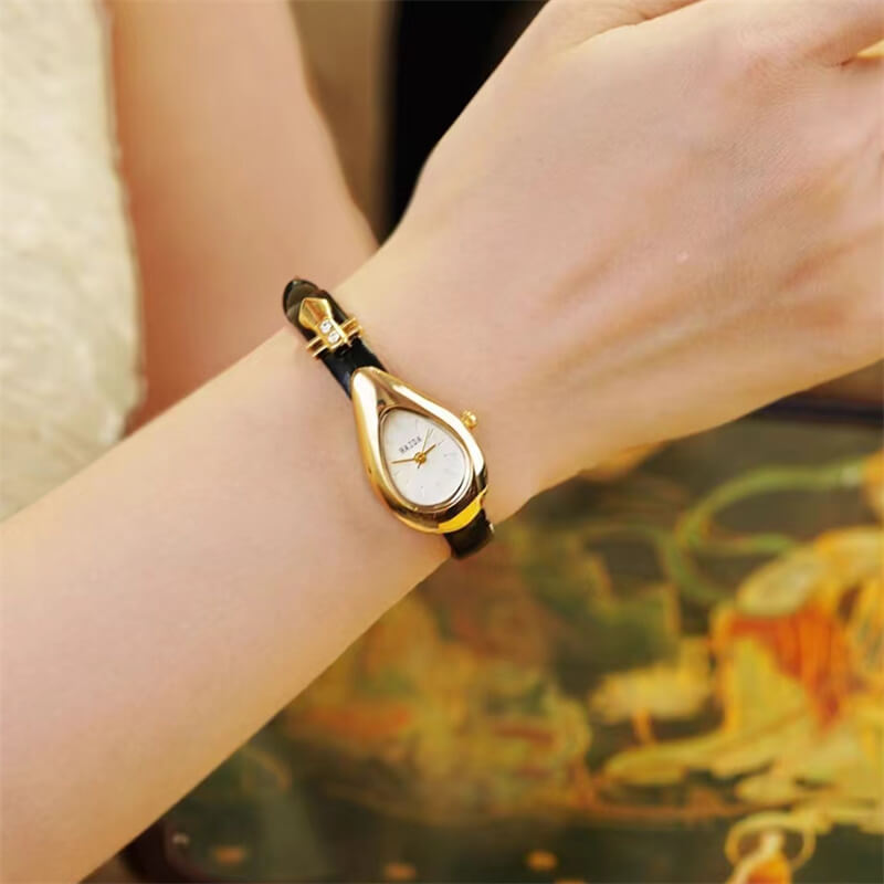 Dainty Black-Gold/Silver Water Drop Shape Leather Watch