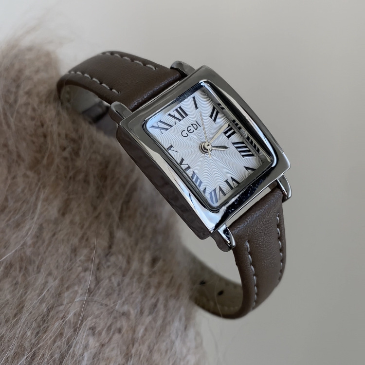 Chic Style Brown-White Rectangle Genuine Leather Watch