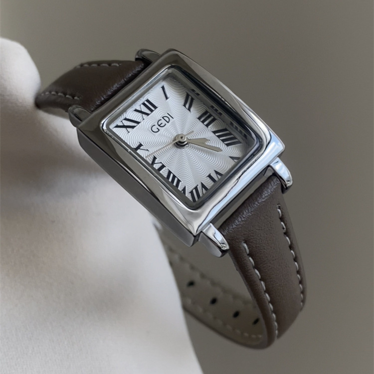 Chic Style Brown-White Rectangle Genuine Leather Watch