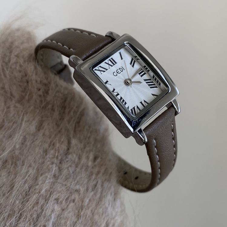 Chic Style Brown-White Rectangle Genuine Leather Watch