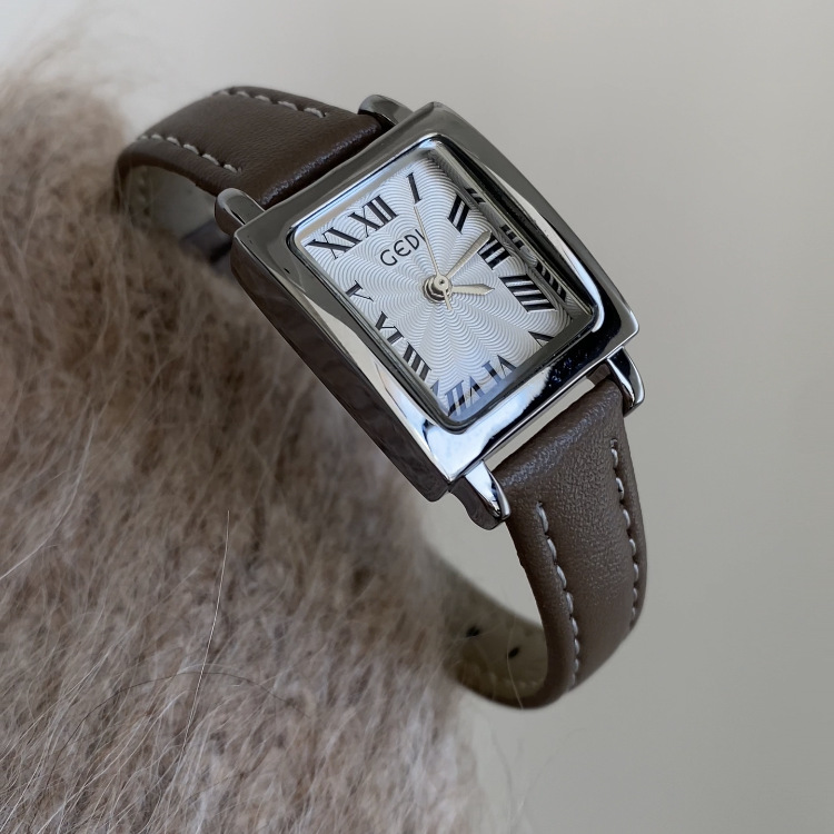 Chic Style Brown-White Rectangle Genuine Leather Watch