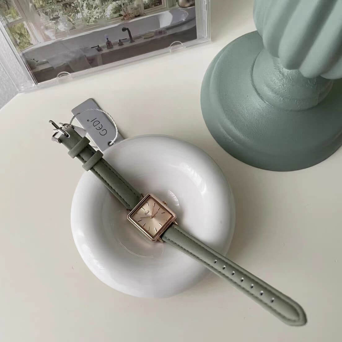 Chic Style Brown/Green/Black Square Genuine Leather Watch