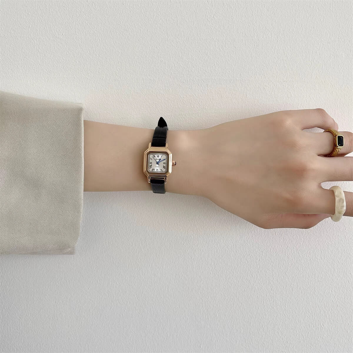 Chic Style Gold/Silver/White Square Genuine Leather Watch