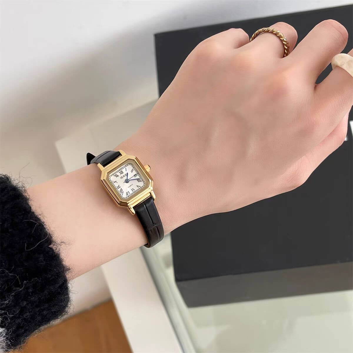 Chic Style Gold/Silver/White Square Genuine Leather Watch