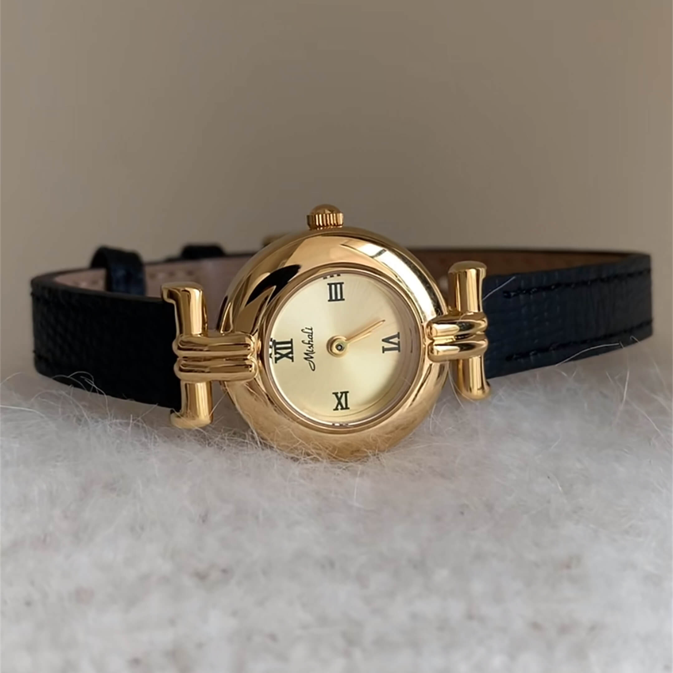 Dainty Brown-Gold Round Leather Watch for Women