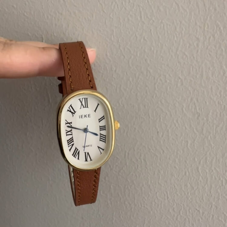 Vintage Black/Brown Band Oval Leather Wristwatch