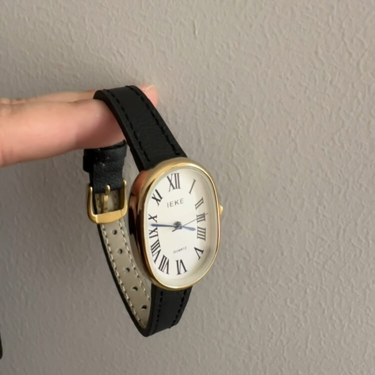 Vintage Black/Brown Band Oval Leather Wristwatch