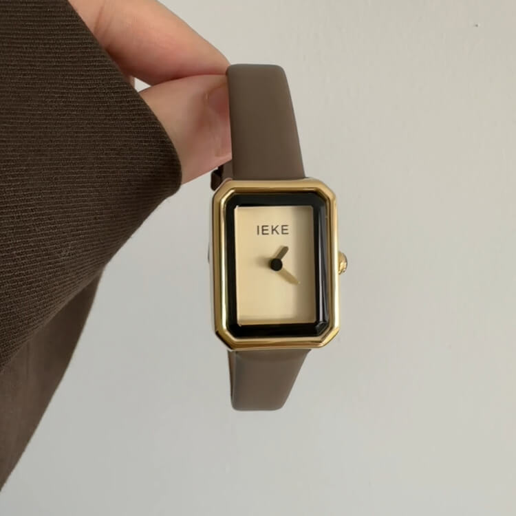 Classic Black/Gold Square Genuine Leather Wristwatch