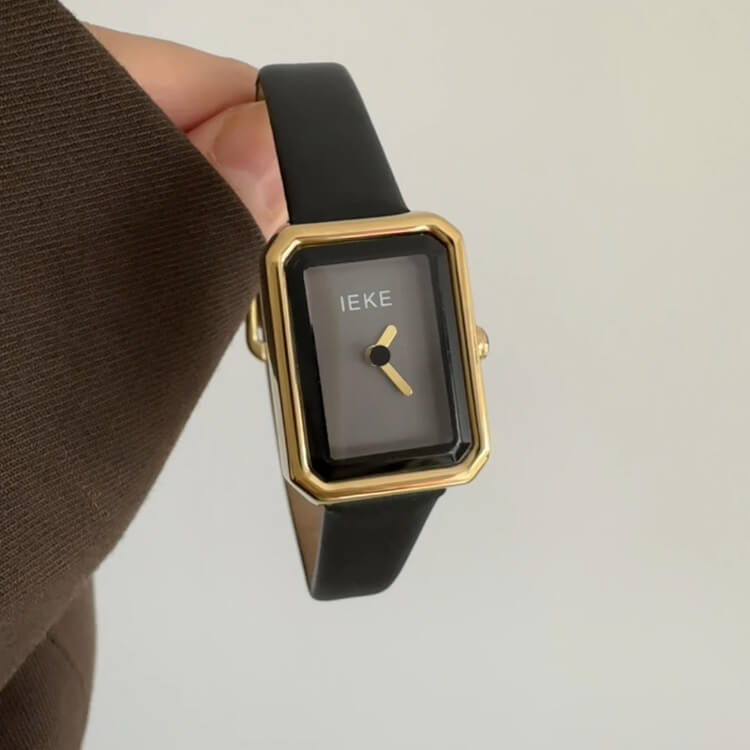 Classic Black/Gold Square Genuine Leather Wristwatch