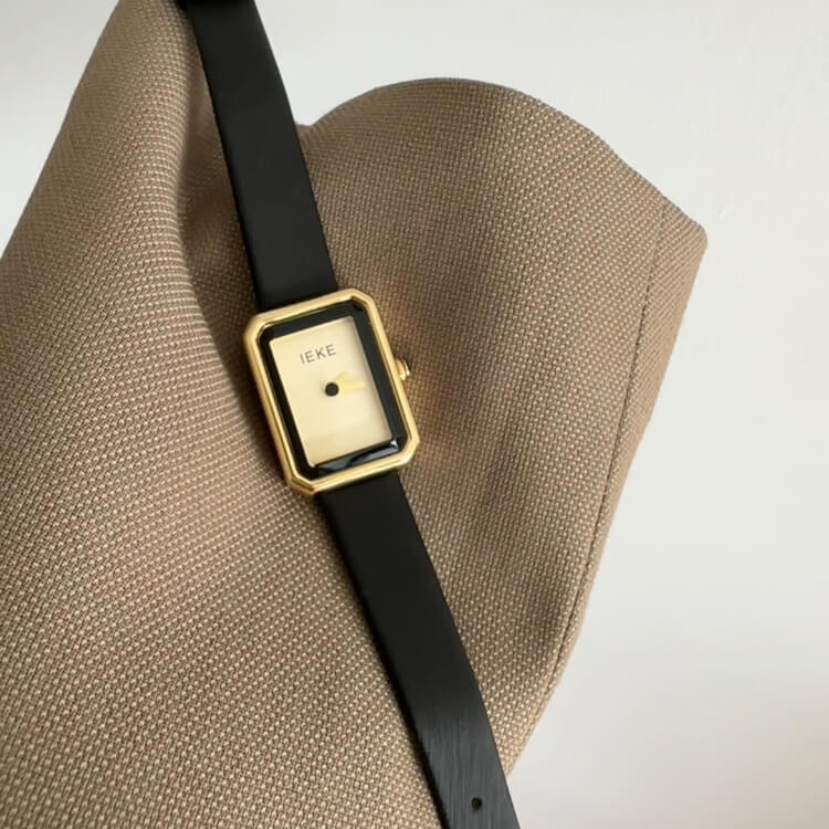 Classic Black/Gold Square Genuine Leather Wristwatch