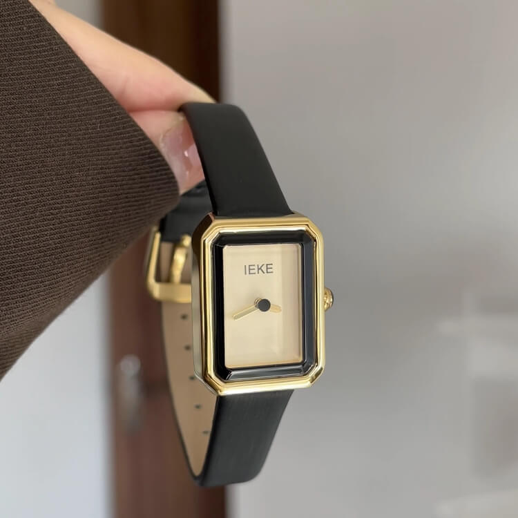 watch381-04.jpg Classic Black/Gold Square Genuine Leather Wristwatch