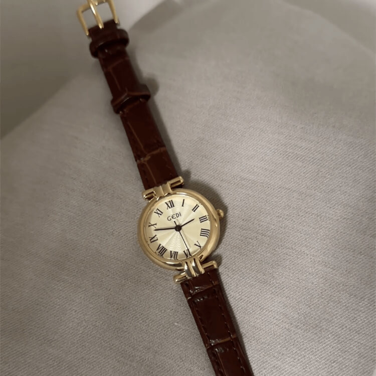 Dainty Black/Brown Round Genuine Leather Watch