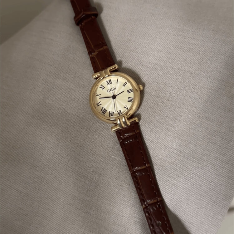 Dainty Black/Brown Round Genuine Leather Watch