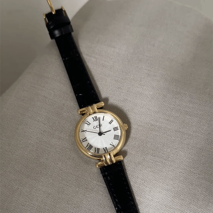 Dainty Black/Brown Round Genuine Leather Watch