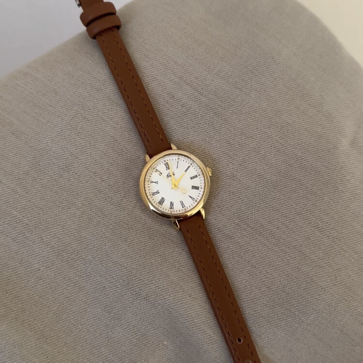 Classic Black/Brown Round Genuine Leather Wristwatch