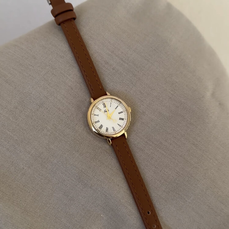 Classic Black/Brown Round Genuine Leather Wristwatch