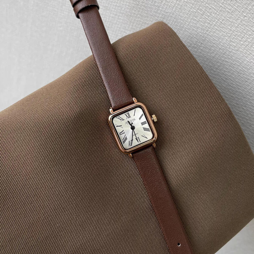 Dainty Brown Small Square Genuine Leather Watch