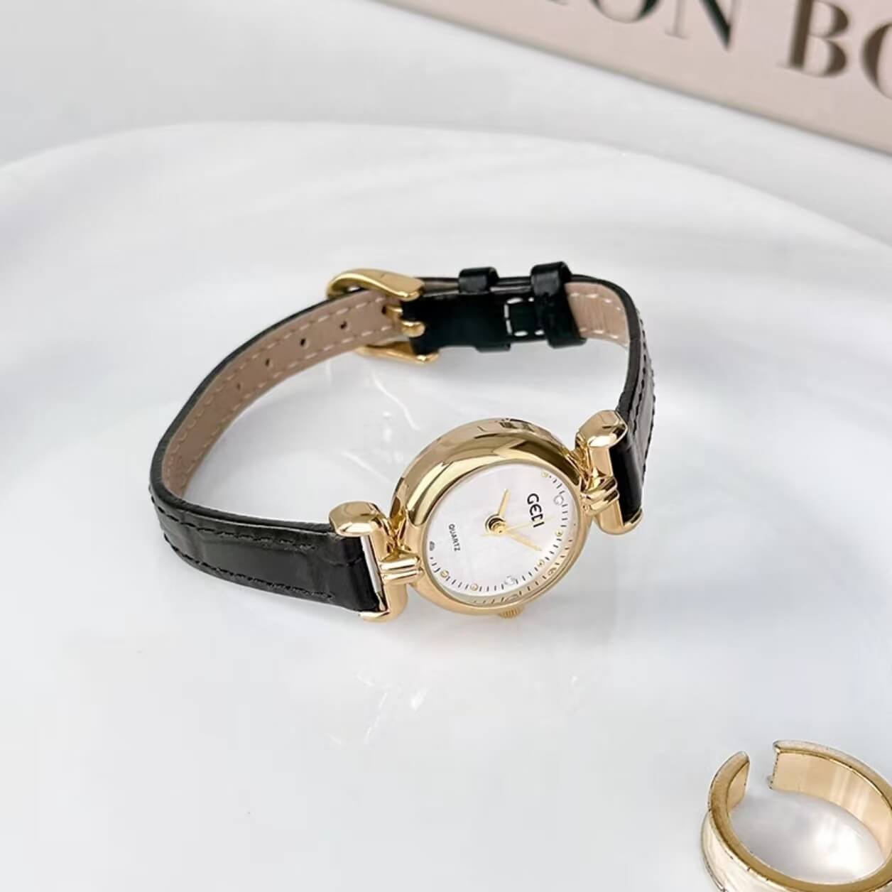 Vintage-Inspired Black/Brown Small Round Genuine Leather Watch