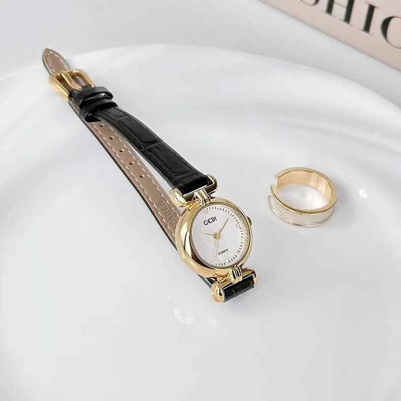 Vintage-Inspired Black/Brown Small Round Genuine Leather Watch