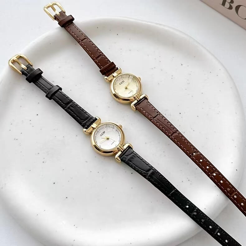 Vintage-Inspired Black/Brown Small Round Genuine Leather Watch