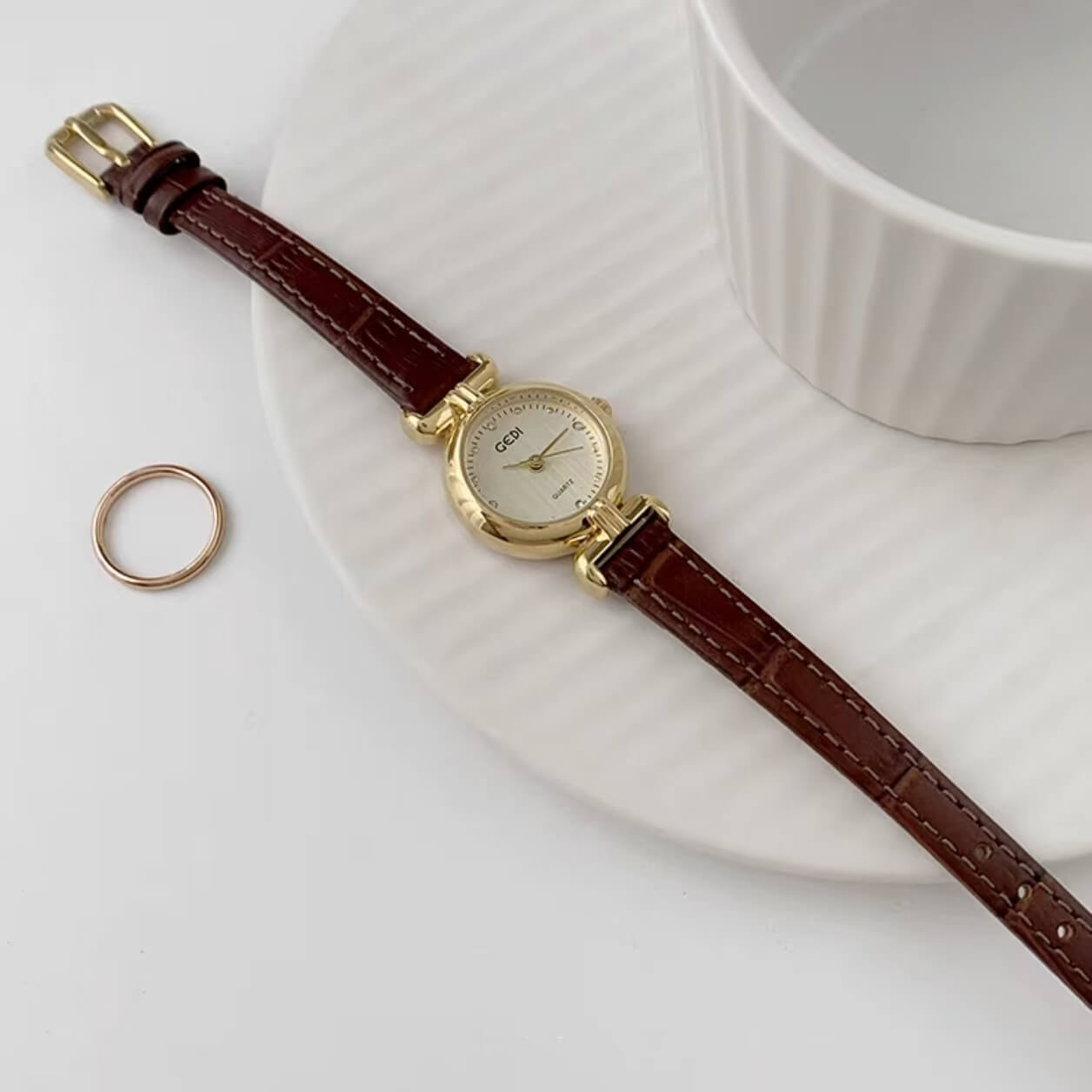 Vintage-Inspired Black/Brown Small Round Genuine Leather Watch