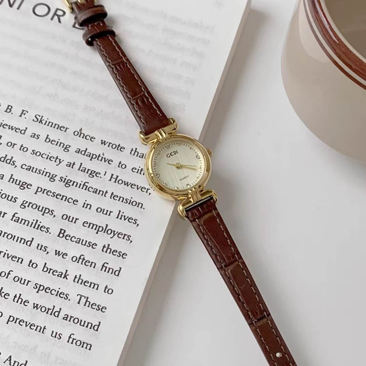 Vintage-Inspired Black/Brown Small Round Genuine Leather Watch