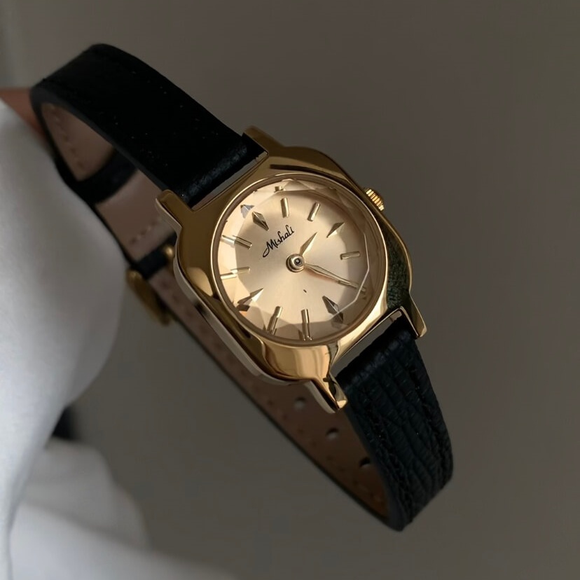 Vintage Style Black Genuine Leather Band Watch