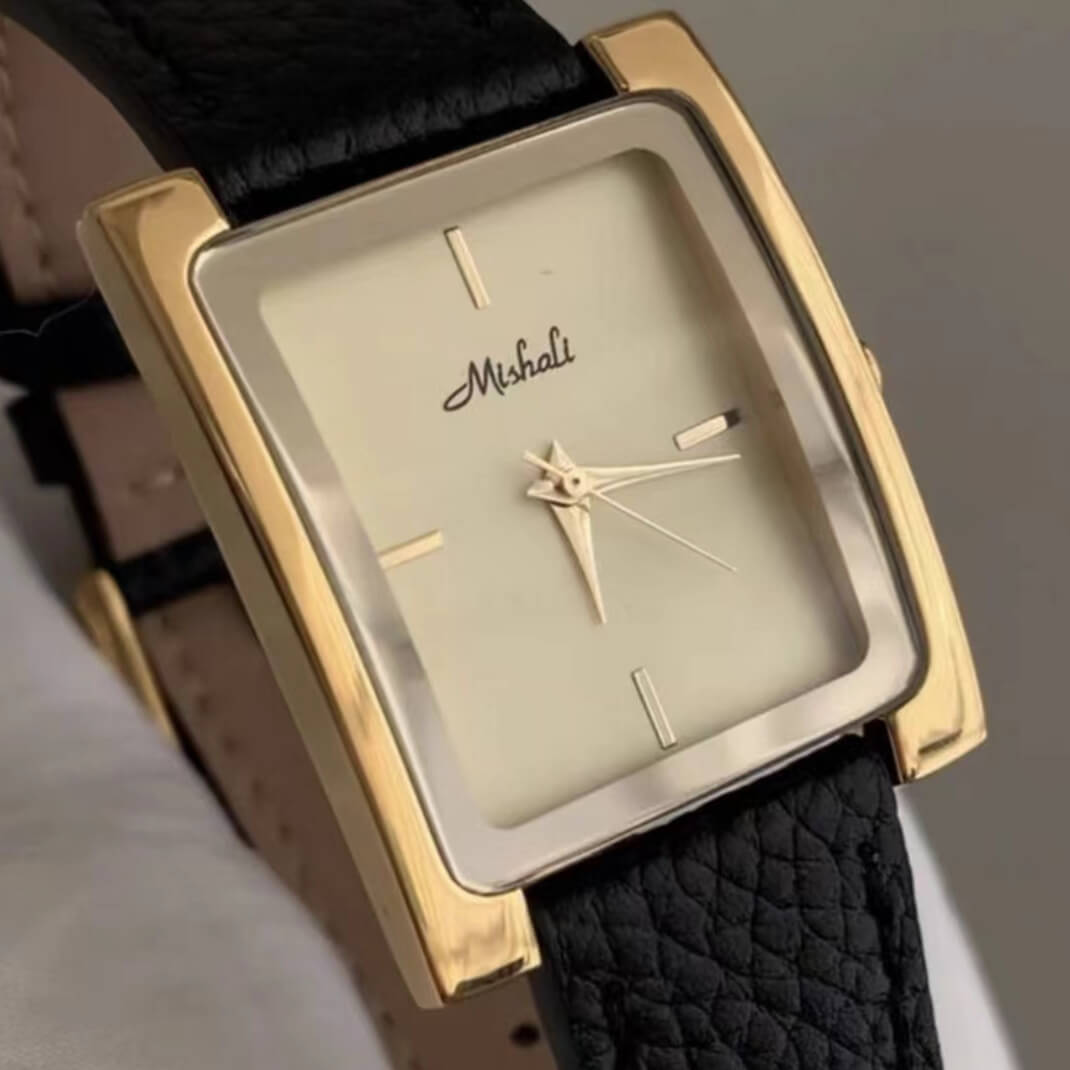 Classic Black/Grey Square Genuine Leather Wristwatch