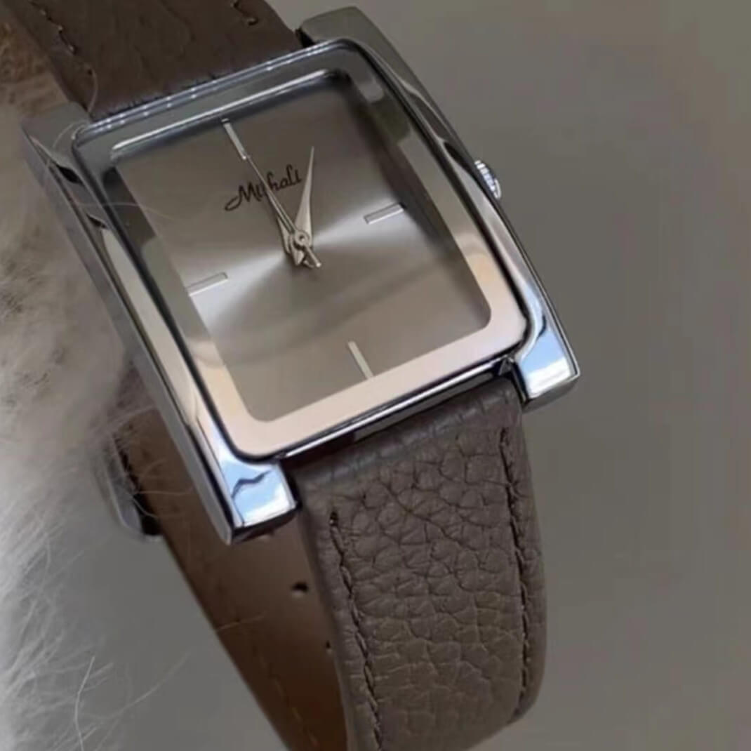 Classic Black/Grey Square Genuine Leather Wristwatch