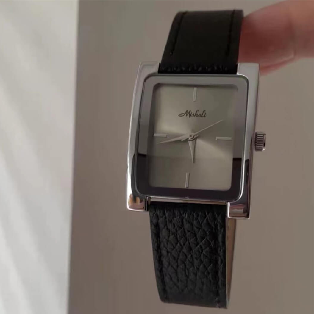 Classic Black/Grey Square Genuine Leather Wristwatch