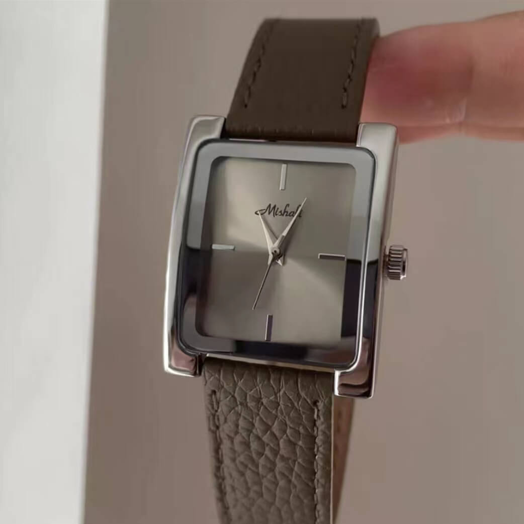 Classic Black/Grey Square Genuine Leather Wristwatch