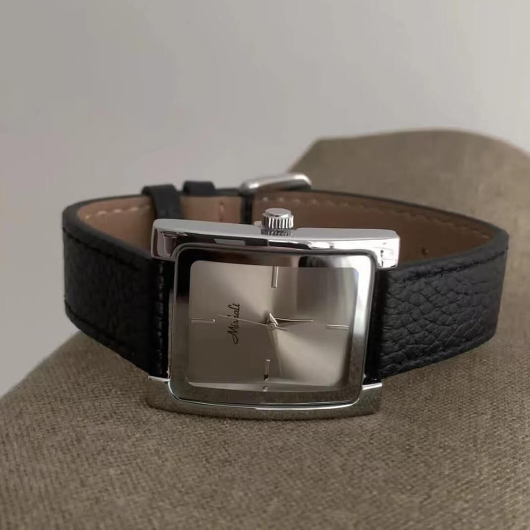Classic Black/Grey Square Genuine Leather Wristwatch