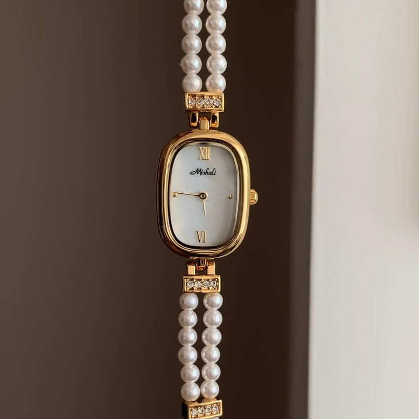 Dainty Mother of Pearl Oval Face Pearl Chain Ladies Watch