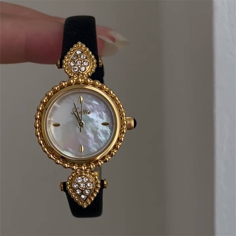 Vintage Style Mother of Pearl Face Leather Watch