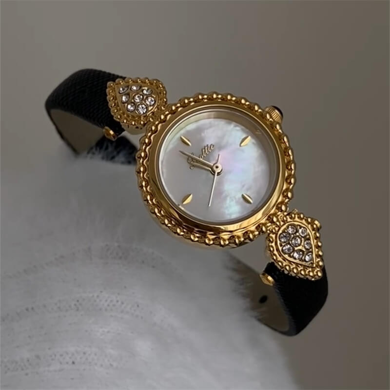 Vintage-Inspired Mother of Pearl Face Leather Watch
