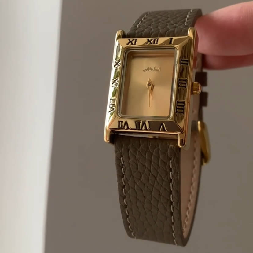 Classic Gold Square Face Genuine Leather Watch