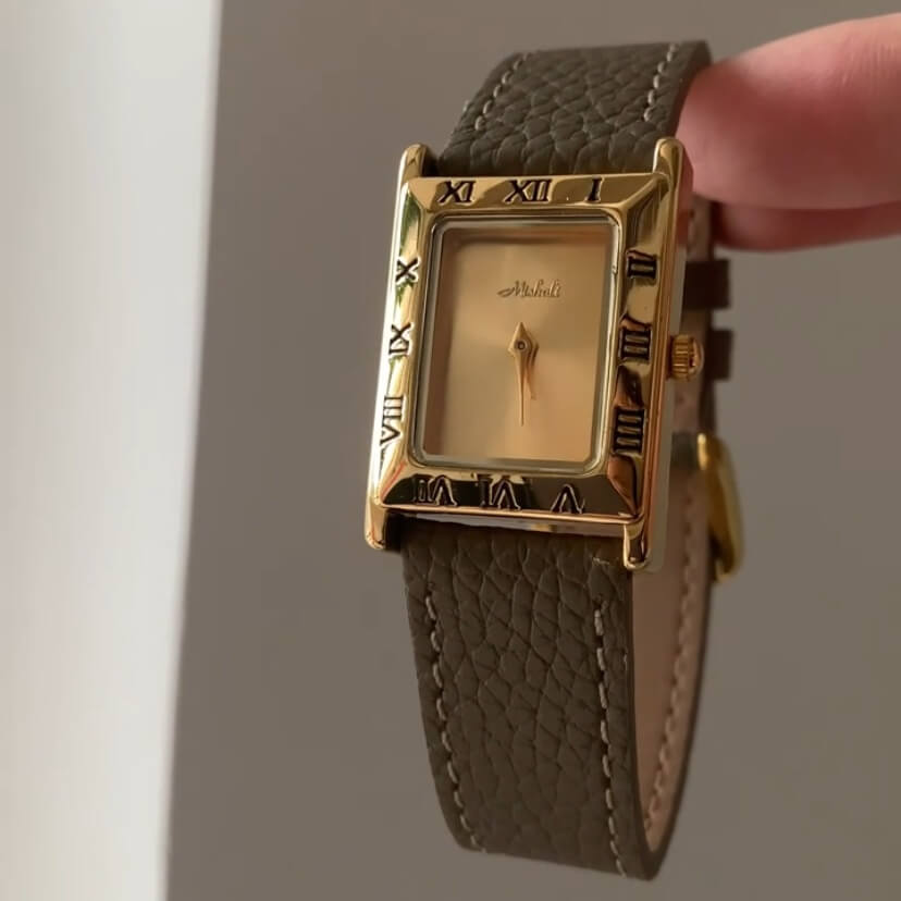 Classic Gold Square Face Genuine Leather Watch