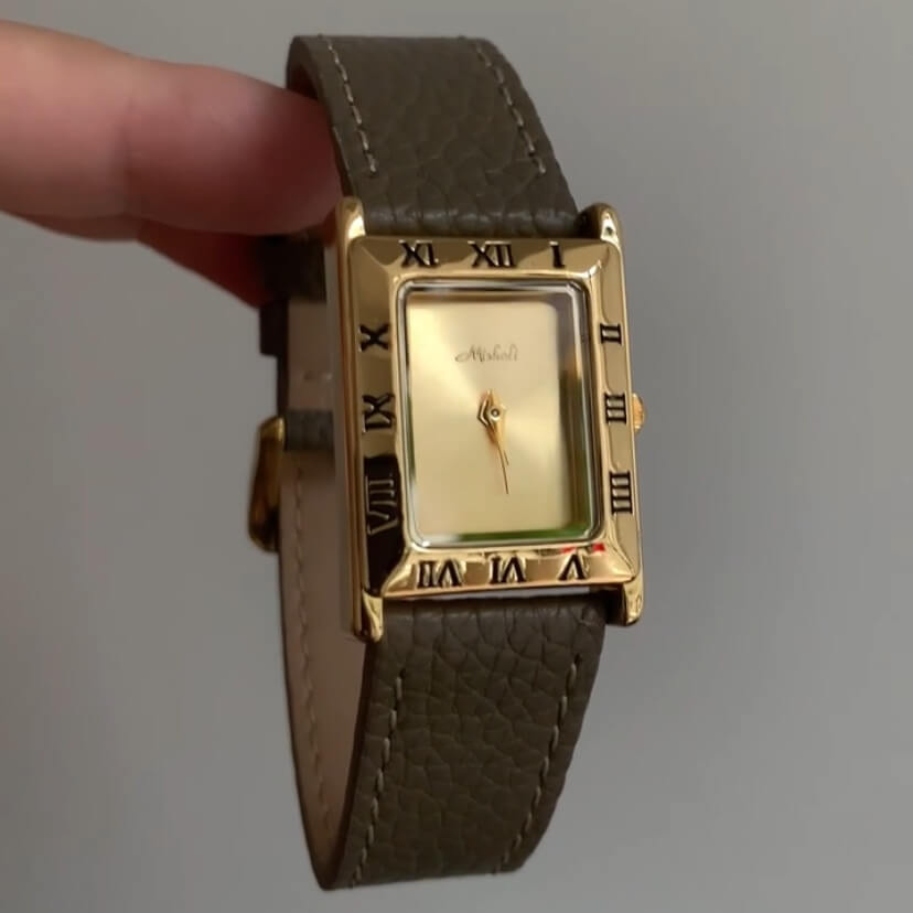 Classic Gold Square Face Genuine Leather Watch