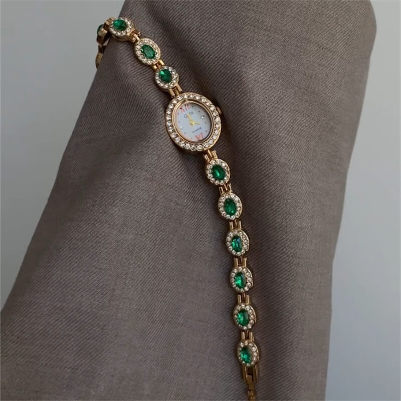 Vintage Style Green Zircon Silver Bracelet Watch