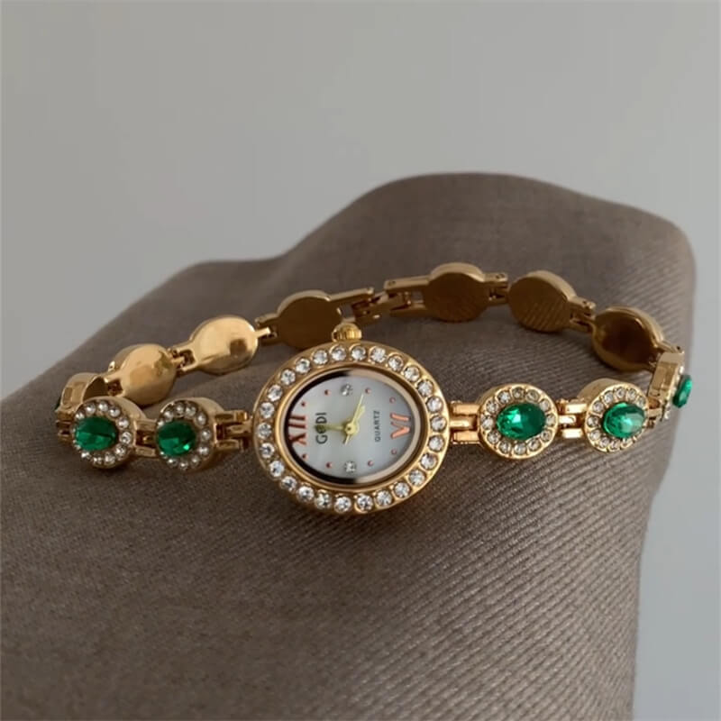 Vintage Style Green Zircon Silver Bracelet Watch