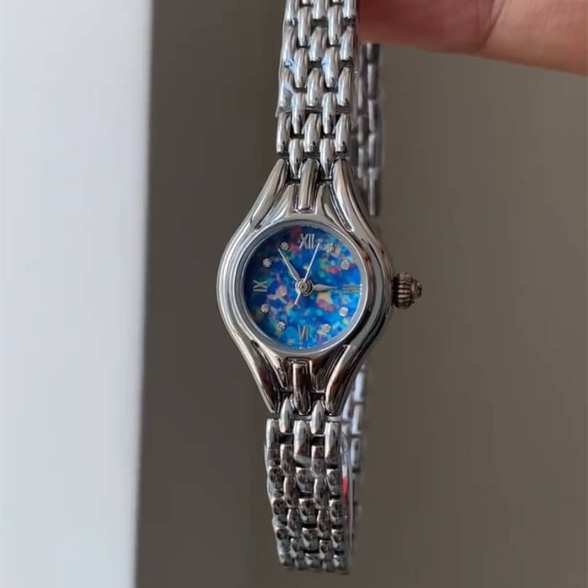 Vintage Style Small Blue Round Opal Face Watch