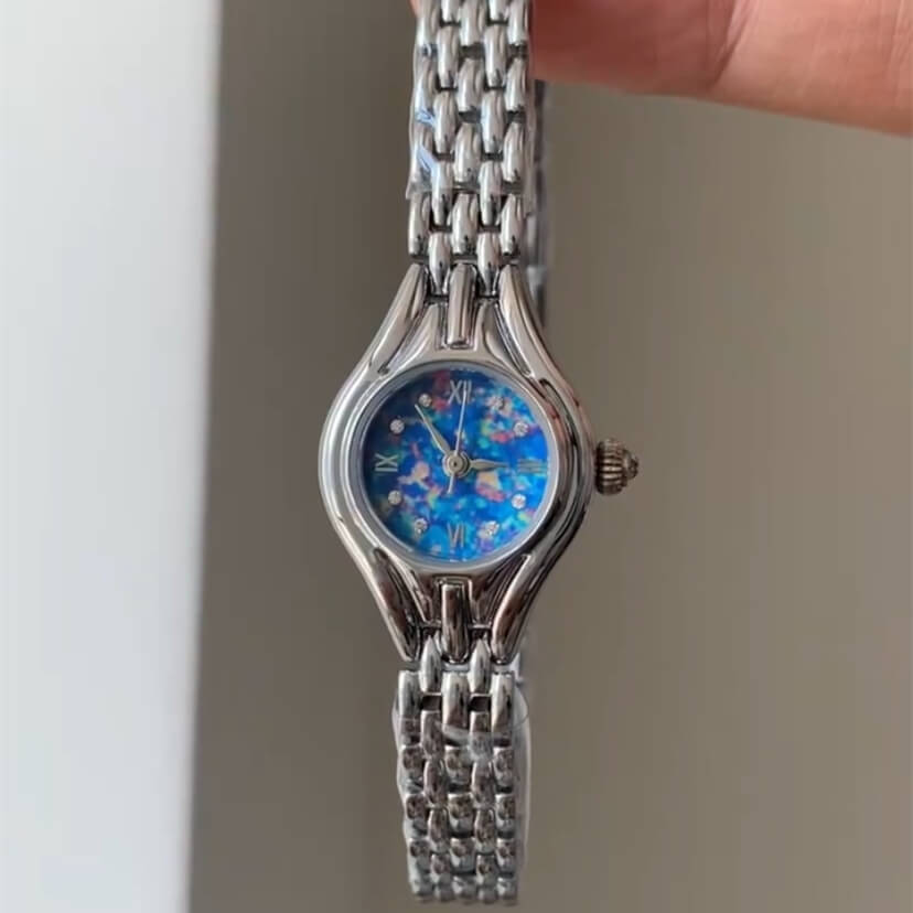 Vintage Style Small Blue Round Opal Face Watch