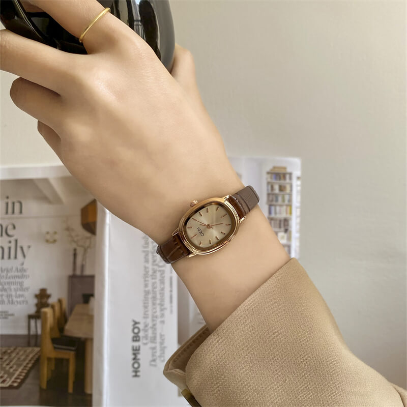 Dainty Black Oval Leather Watch for Women